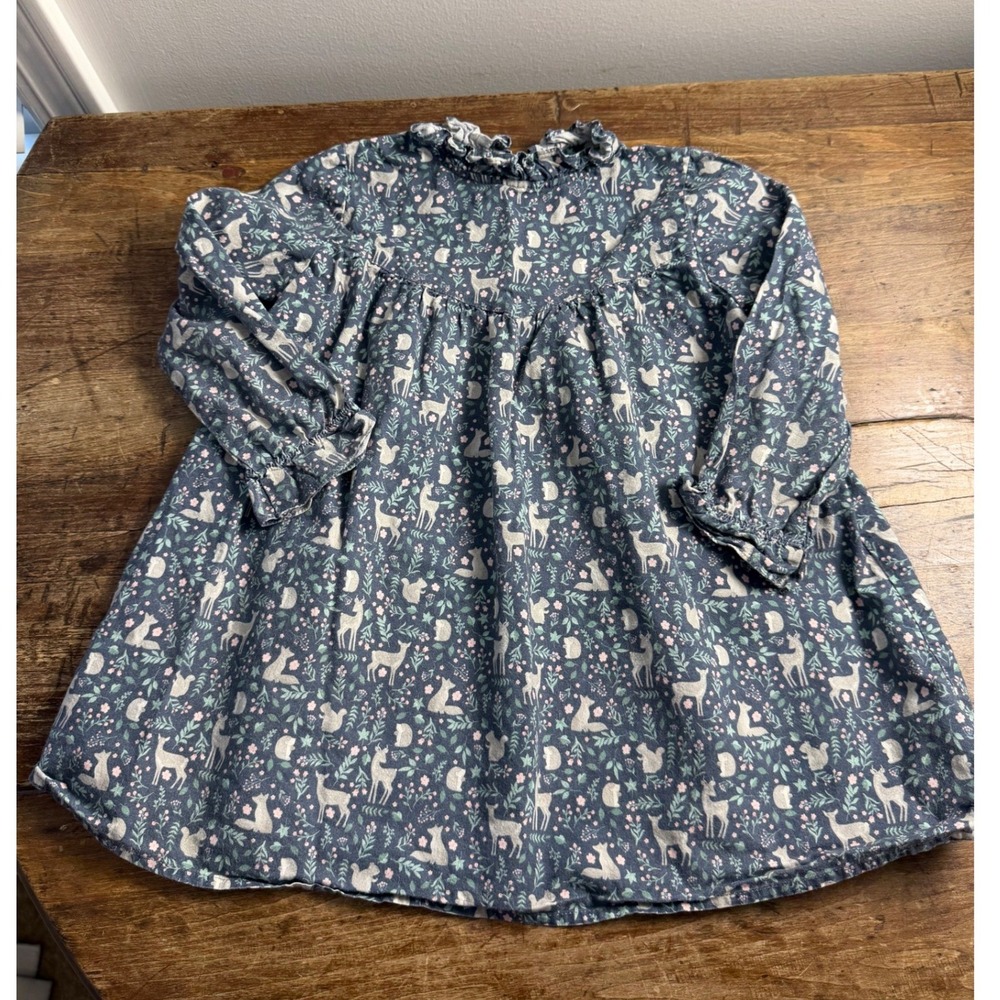 Hannah Kate Girls Blue Woodland Deer Print Ruffle Long Sleeve Dress Size 4